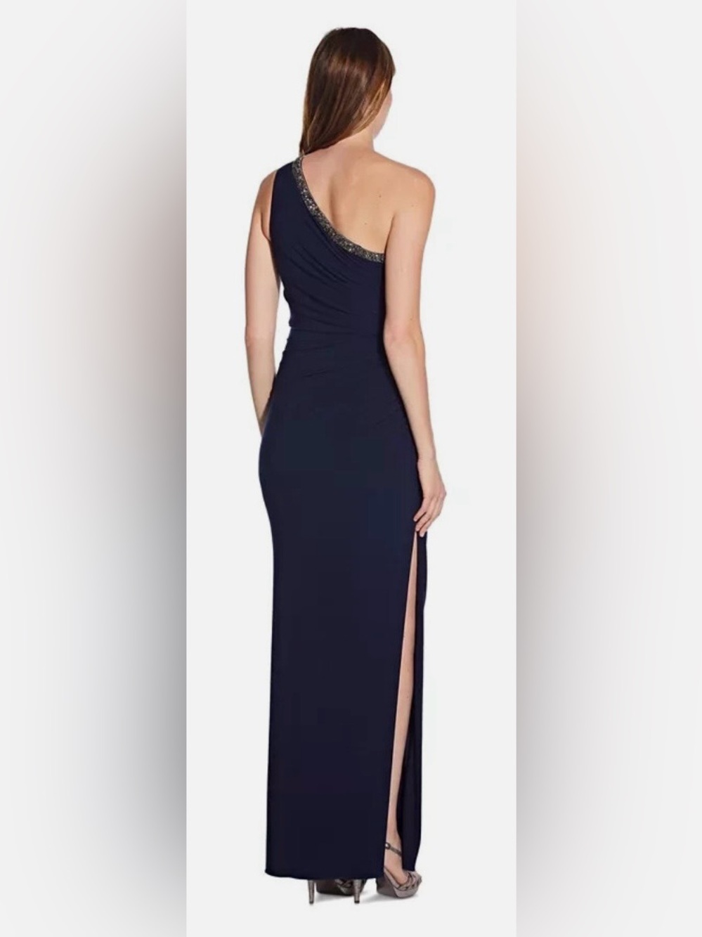 NWT Adrianna Papell Embellished One Shoulder Jersey Gown Midnight Blue Size 16 - Picture 3 of 8